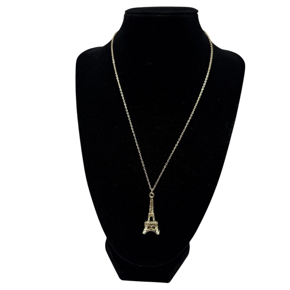 Gold Tone Paris Eiffel Tower Pendant Necklace Rhinestone Accents Jewelry 17 in